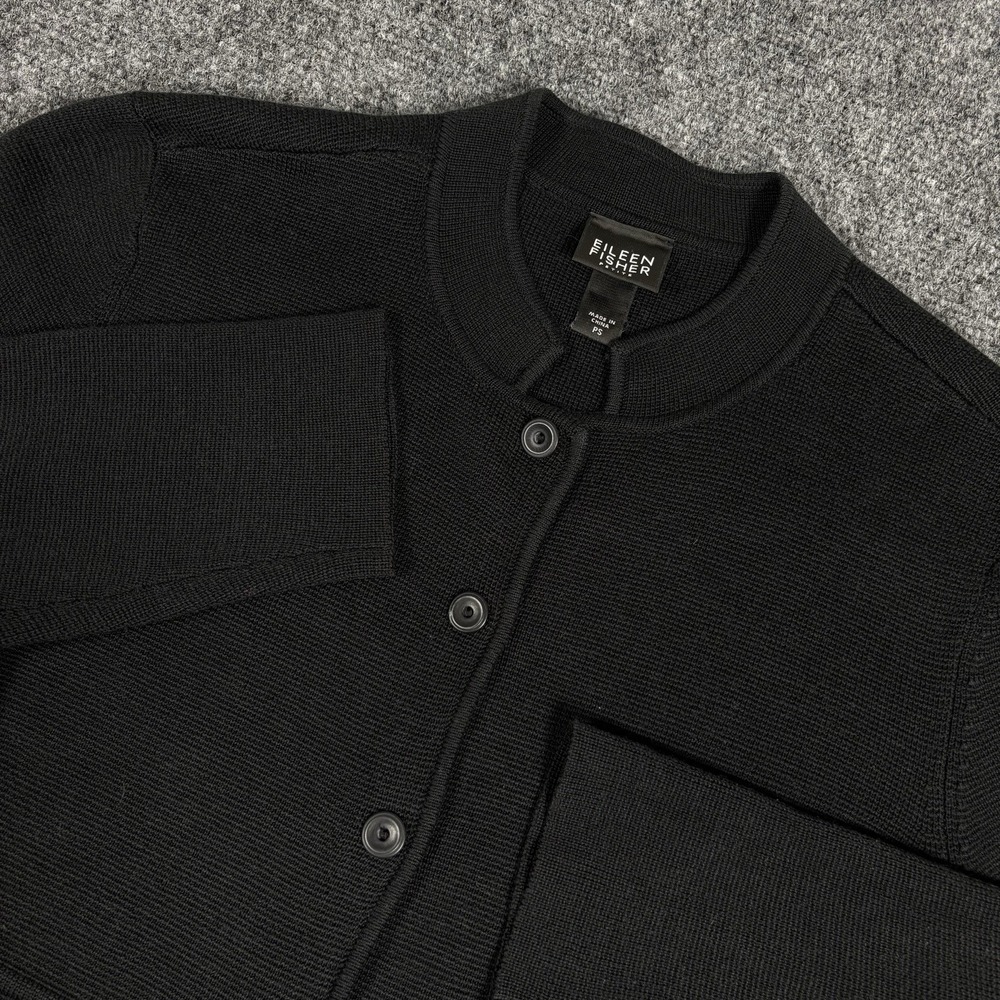 Eileen Fisher Black Half Button Mandarin Collar Silk Blend Cardigan Size PS